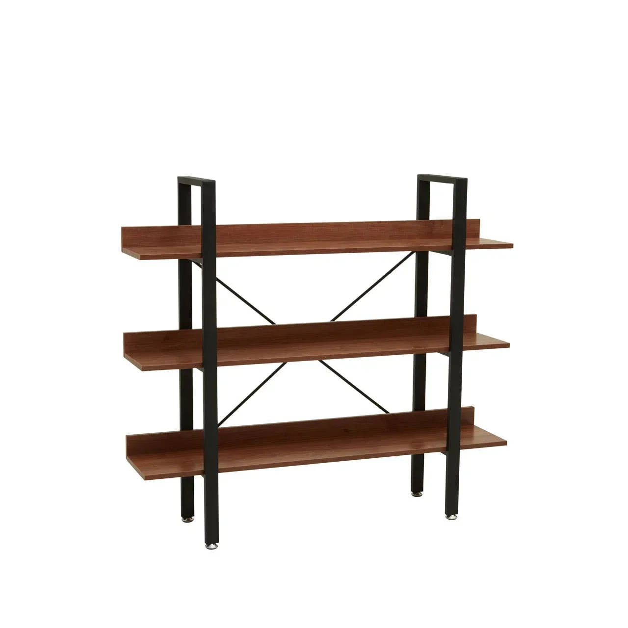 Industrial style bookcase with three wooden shelves and black metal frame