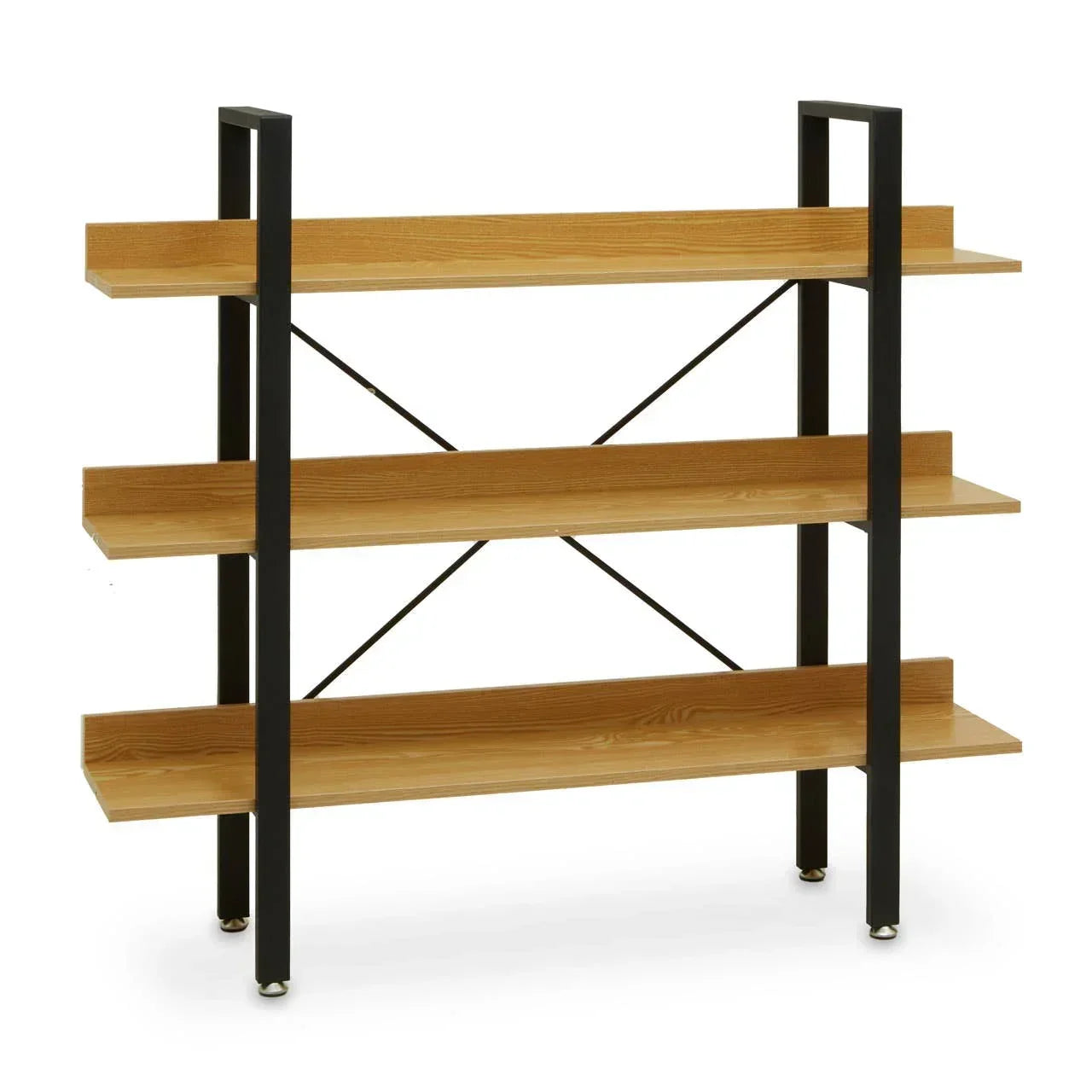 Three tier wooden shelving unit with black metal frame and open back