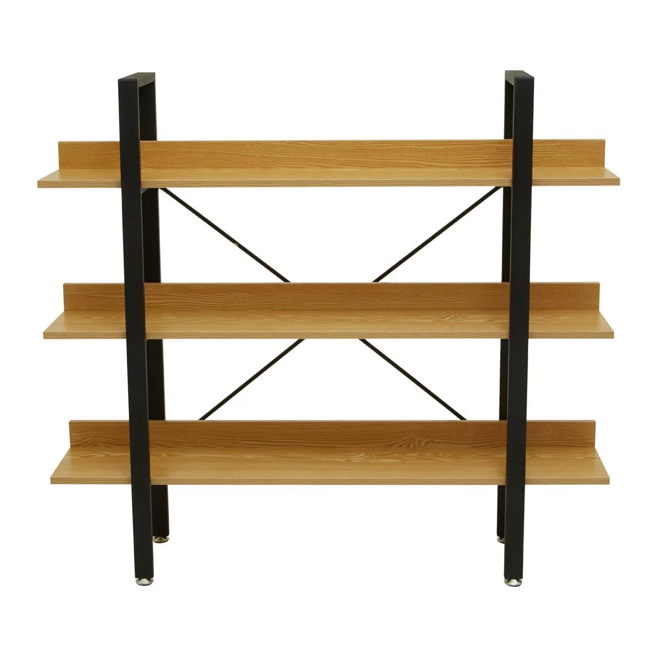 Three tier wooden shelving unit with black metal frame and crossbar support, front view