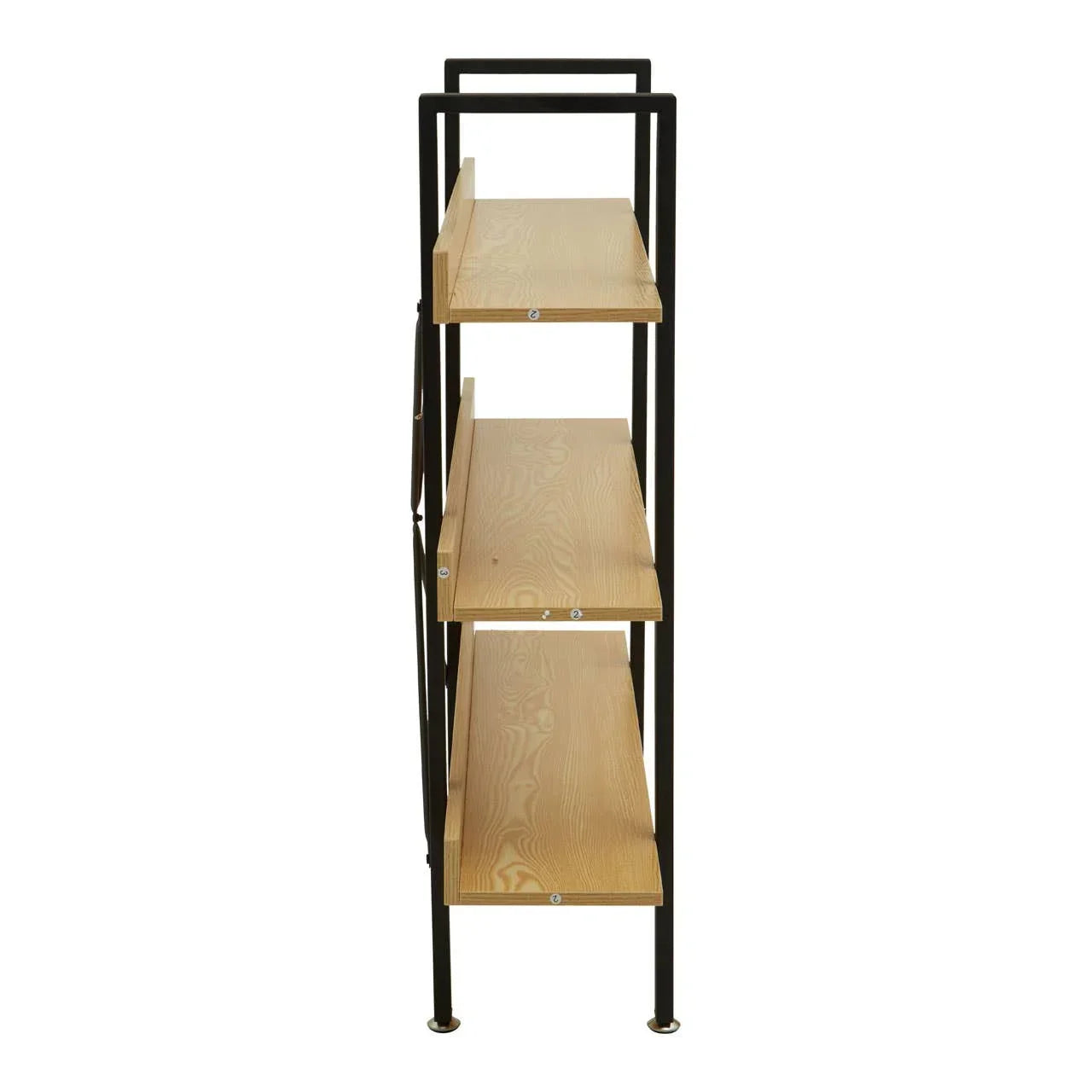 Side view of 3 tier wood shelving unit with black metal frame