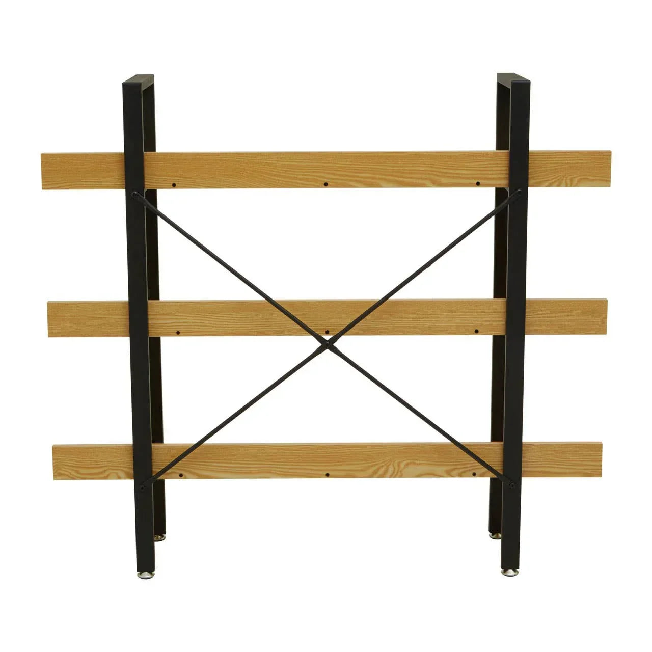 Black metal and wood shelving unit frame with three horizontal shelves and cross supports