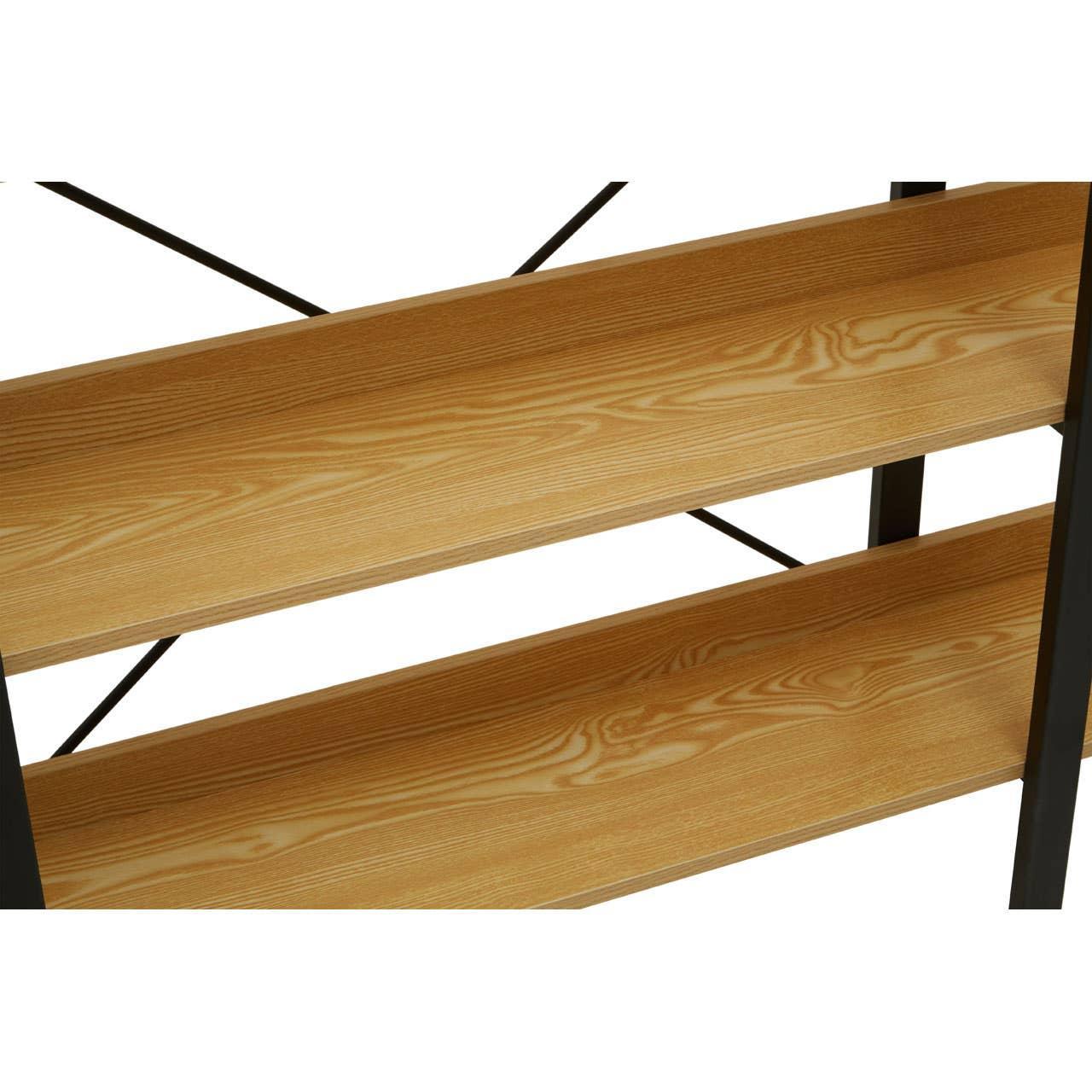 Closeup of wooden bookshelf shelves with light wood grain and black metal frame support