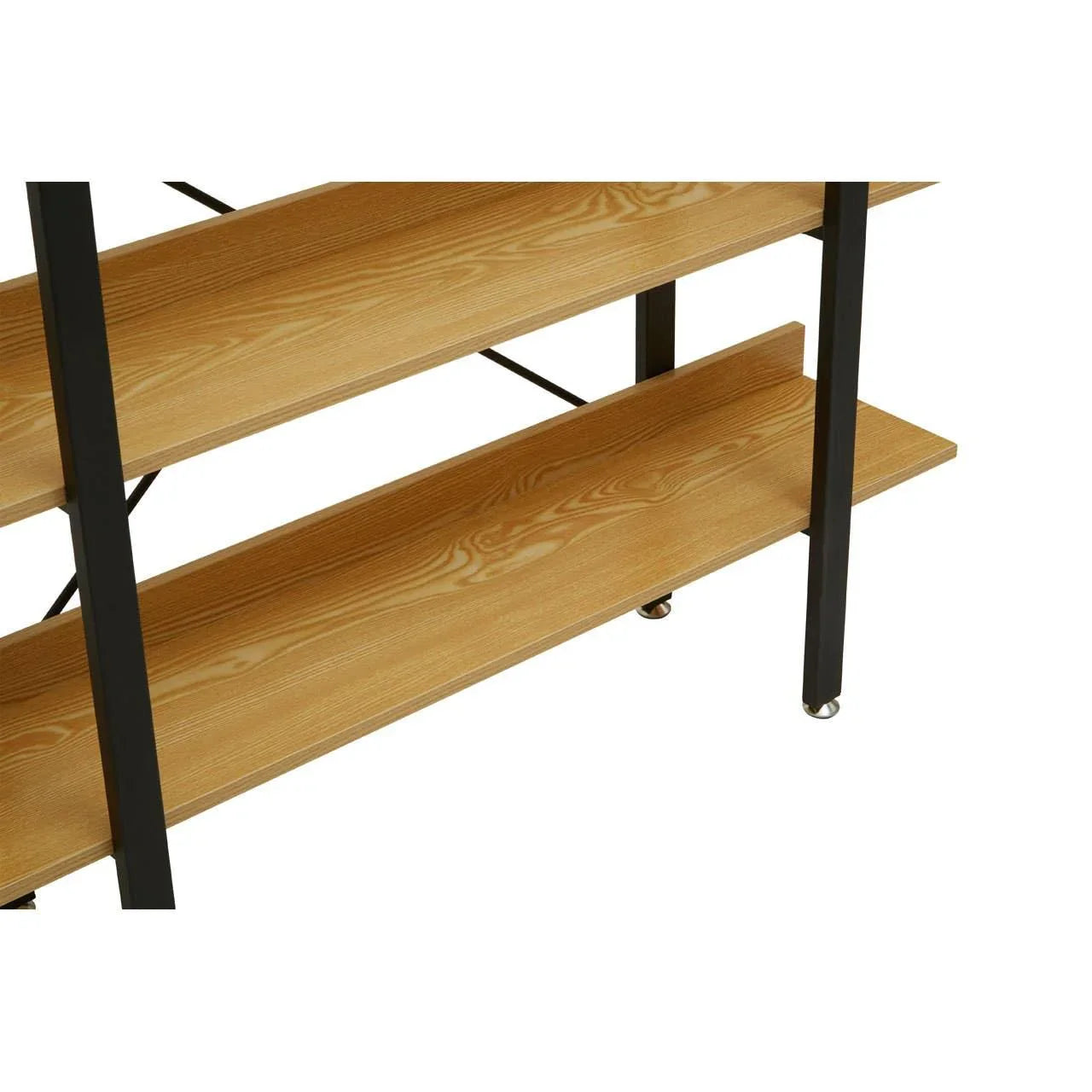 Closeup of wood and metal shelving unit with light oak shelves and black frame