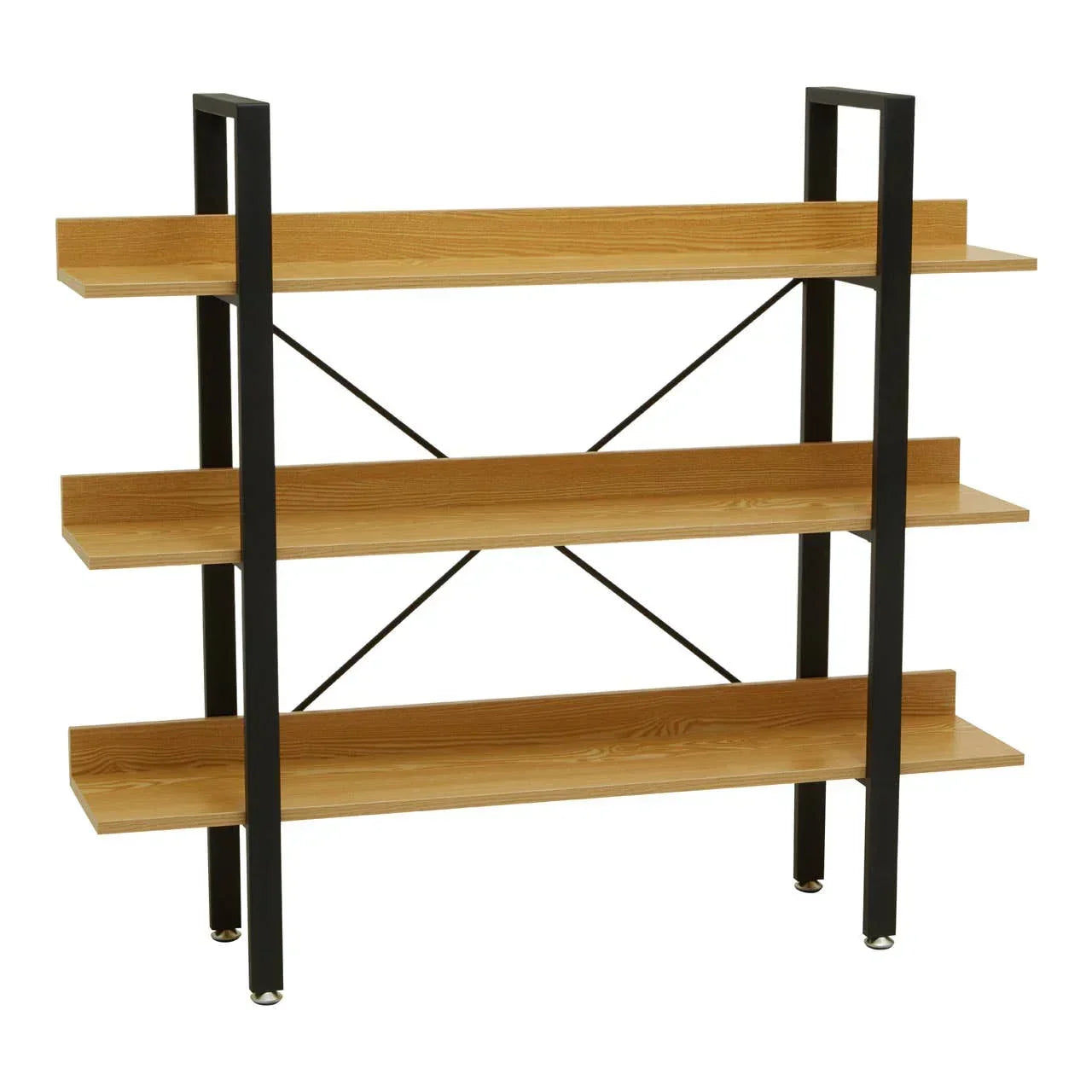 Three tier wooden bookshelf with black metal frame and open design