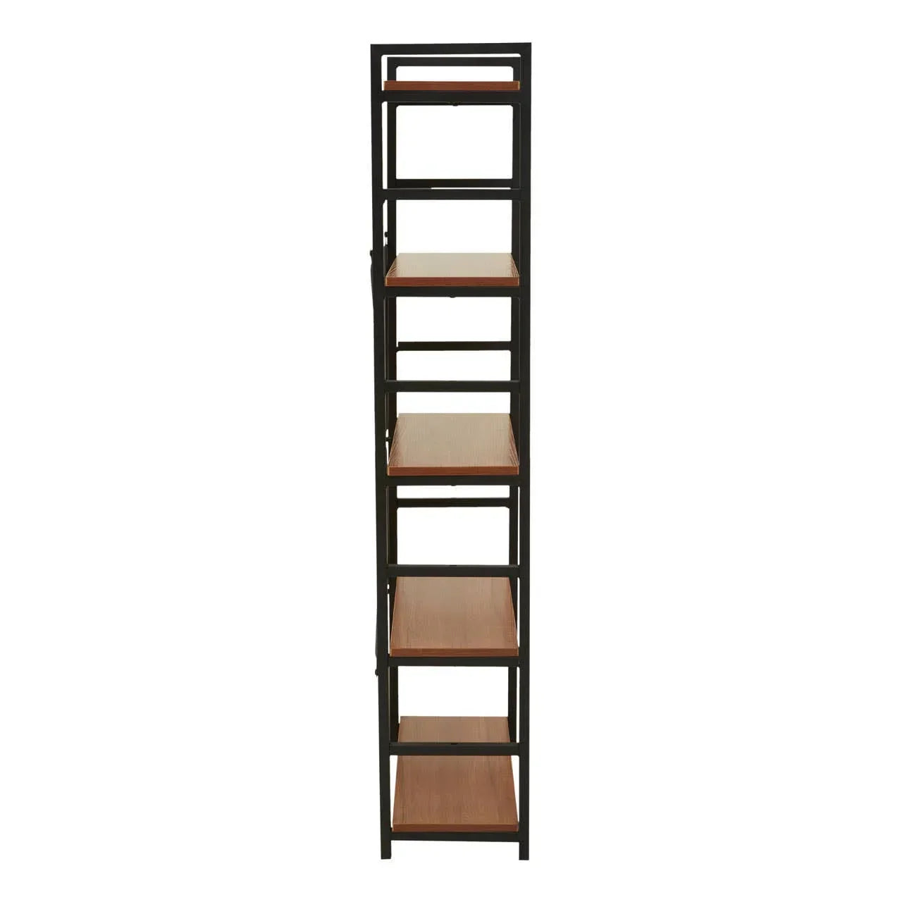 Tall black metal shelving unit with five wooden shelves front view