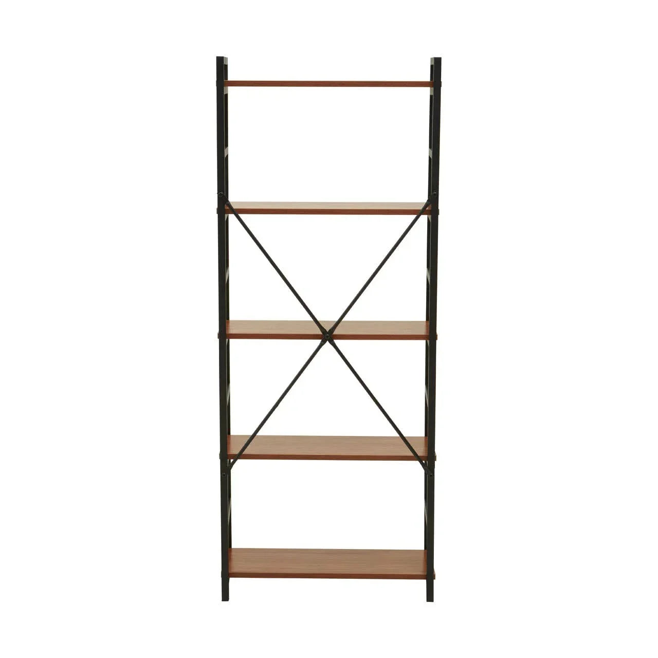 Tall metal and wood bookcase with five shelves and crossbar support, front view