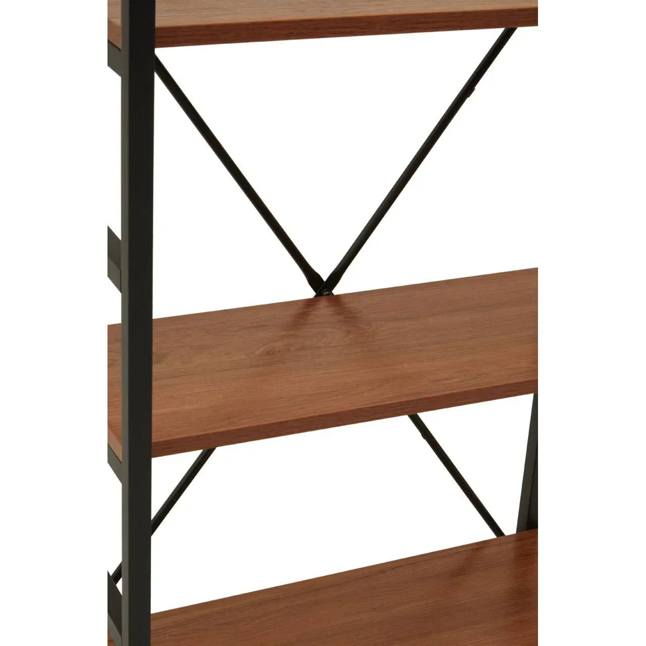 Close view of wooden shelving unit with black metal frame and cross supports