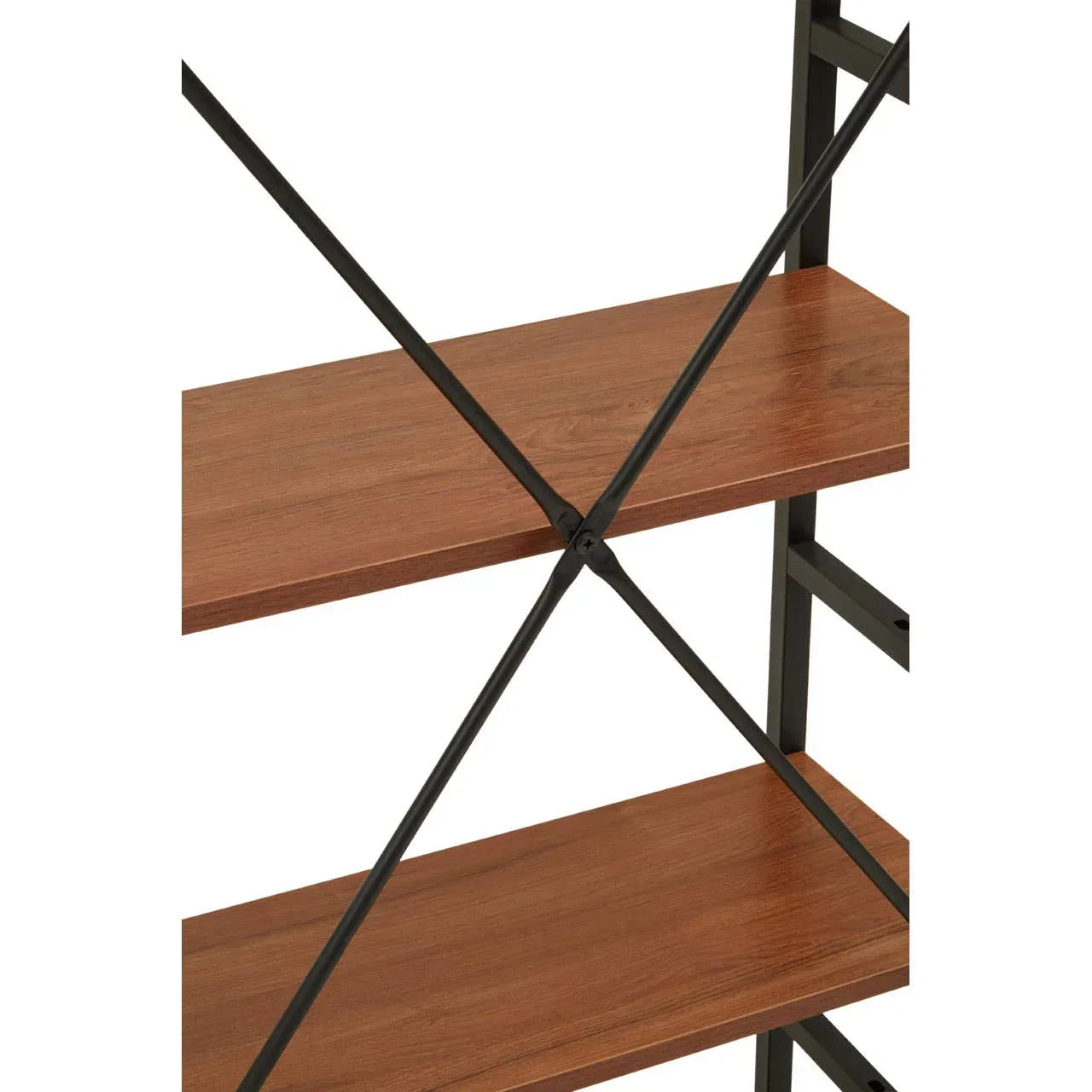 Closeup of wooden shelving unit with black metal frame and cross support