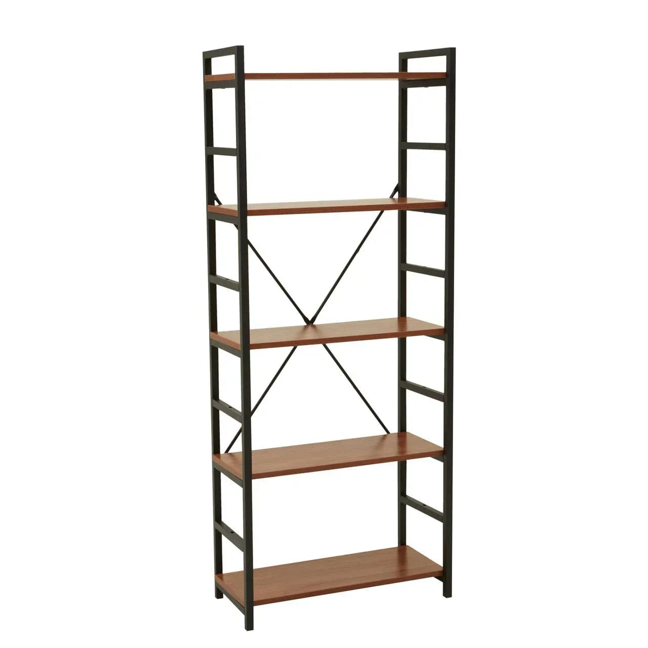 Industrial bookcase with black metal frame and four wooden shelves, angled front view