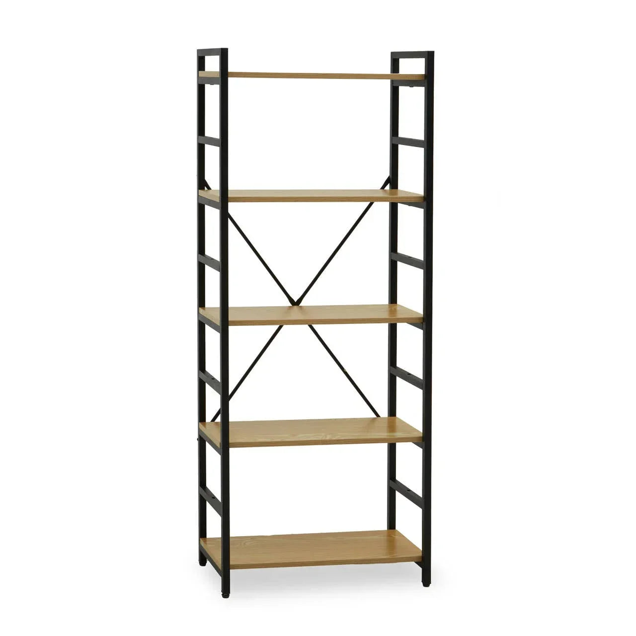 Tall black metal frame bookcase with five wooden shelves and open sides