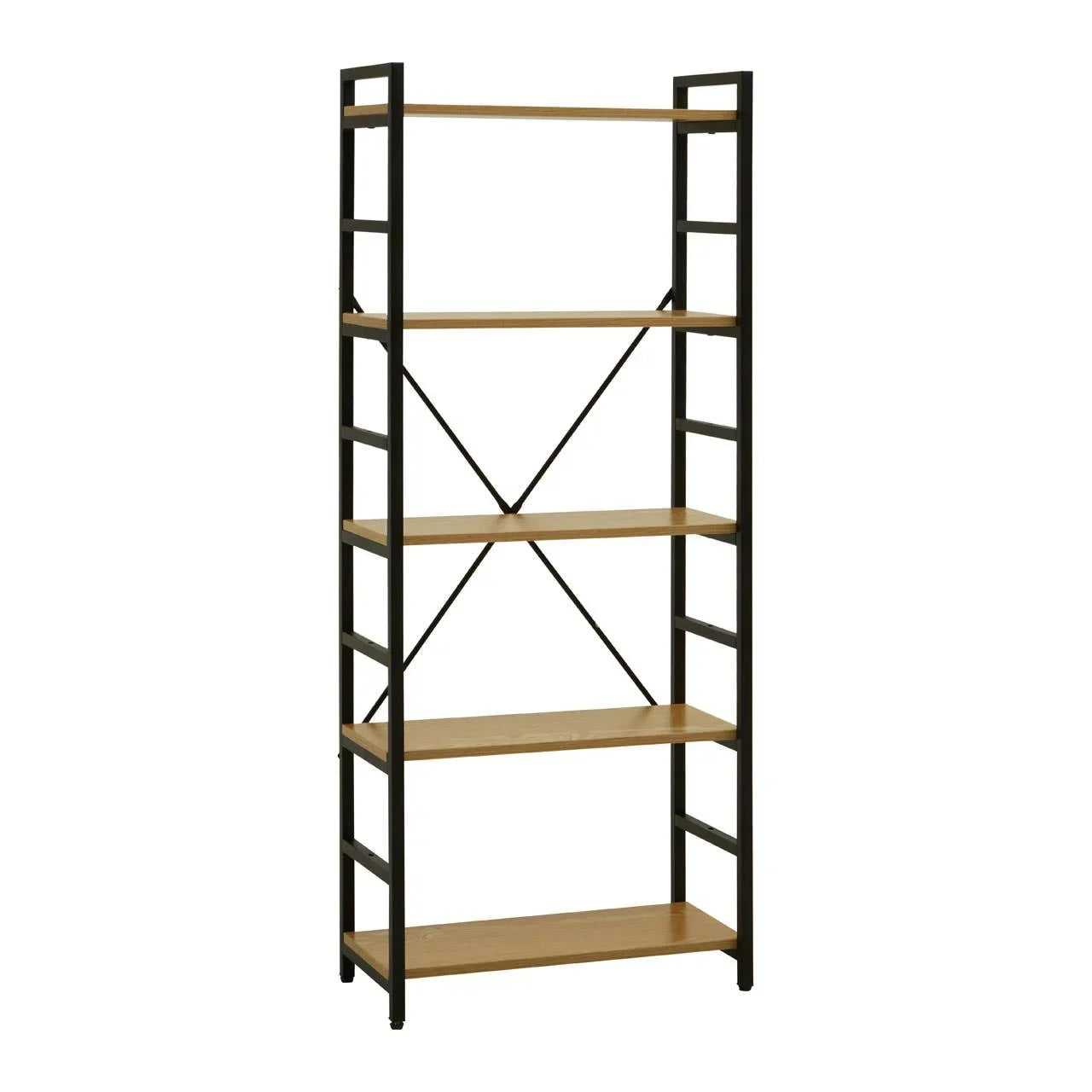 Tall bookcase with black metal frame and five wooden shelves, front angled view