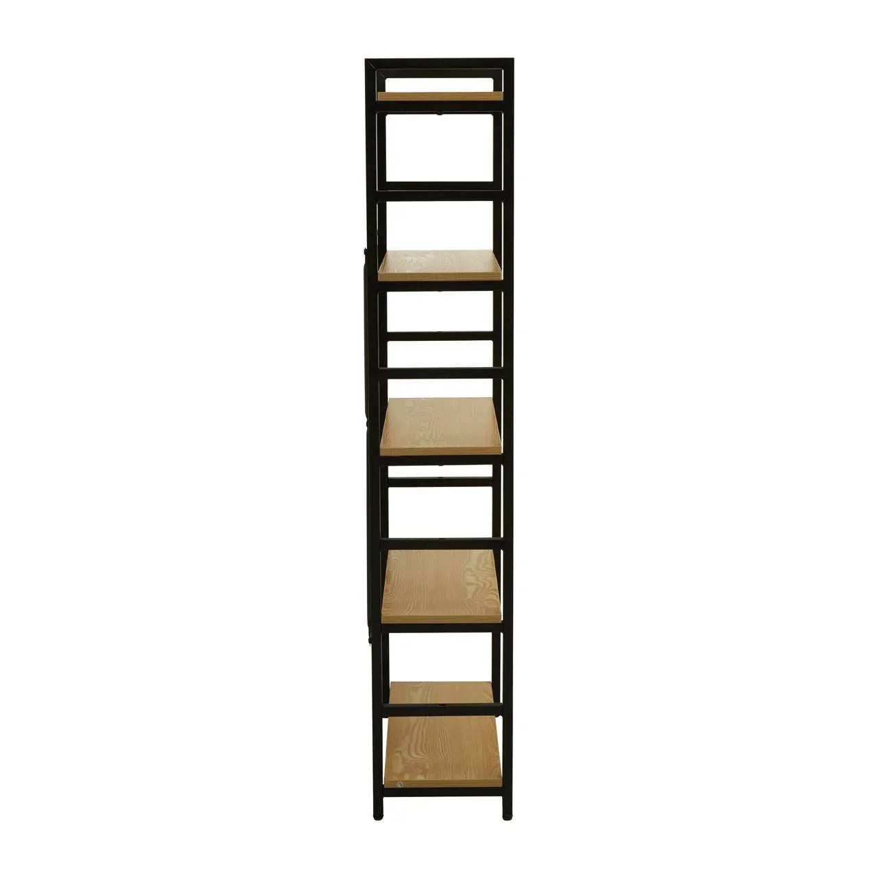 Narrow side view of black metal frame shelving unit with light wood shelves