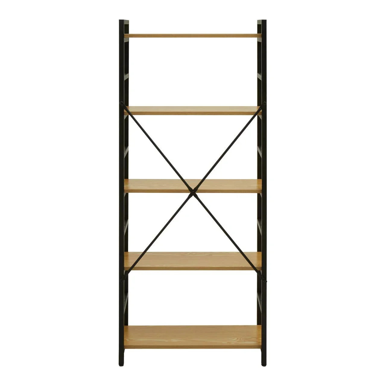 Tall shelving unit with black metal frame and five light wood shelves, front view