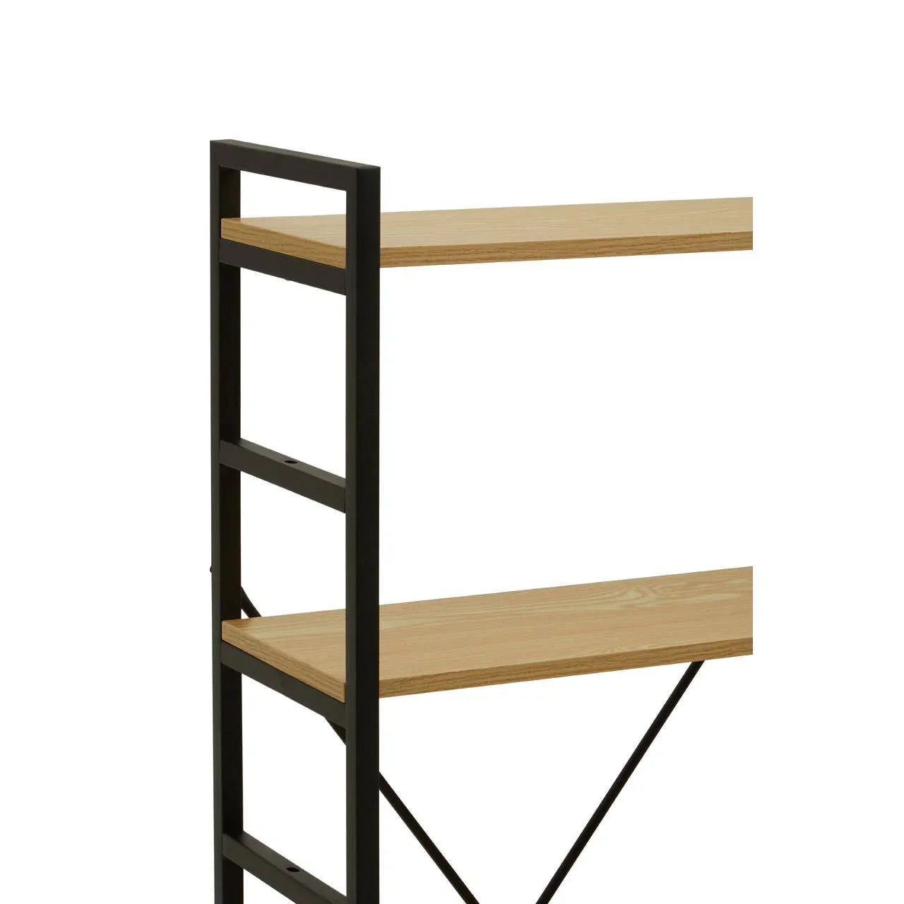 Industrial shelving unit with black metal frame and light wood shelves