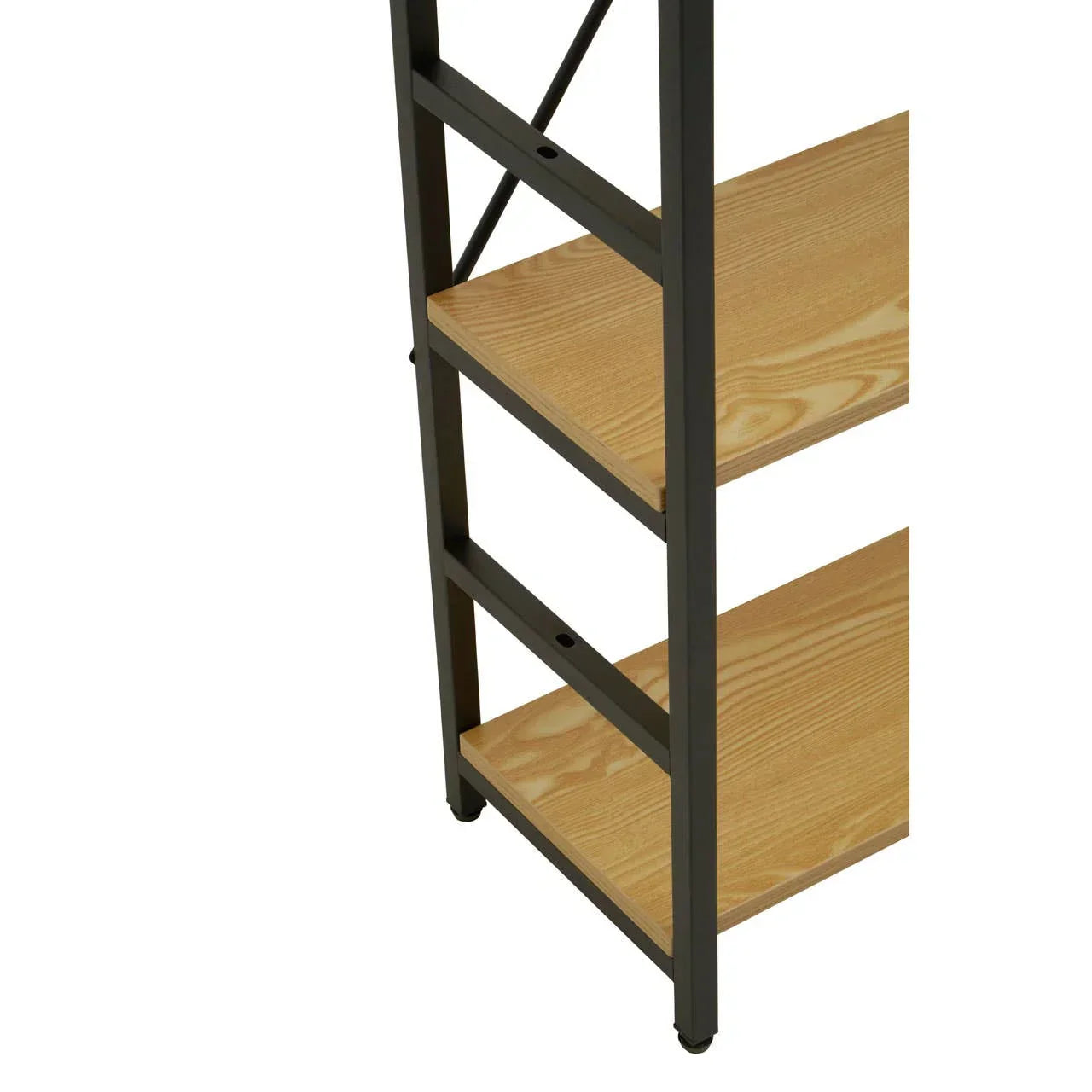 Closeup of black metal frame shelving unit with three light wood shelves