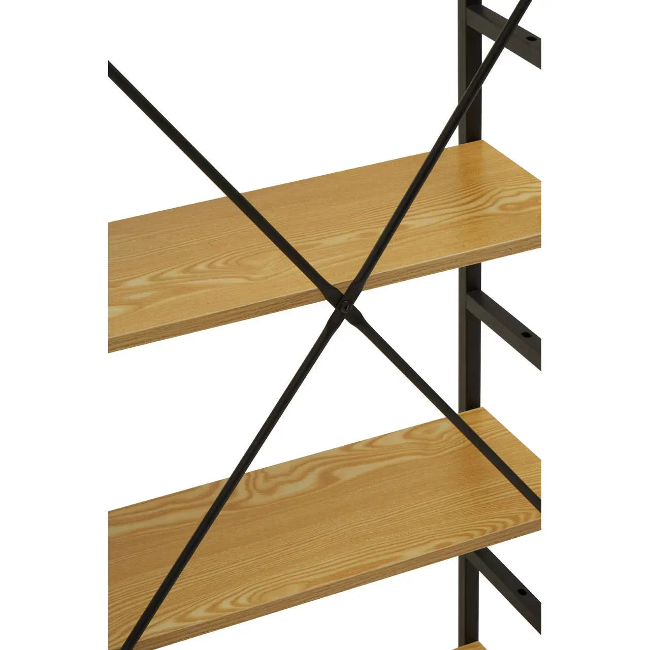 Closeup of wooden shelving unit with black metal frame and cross support