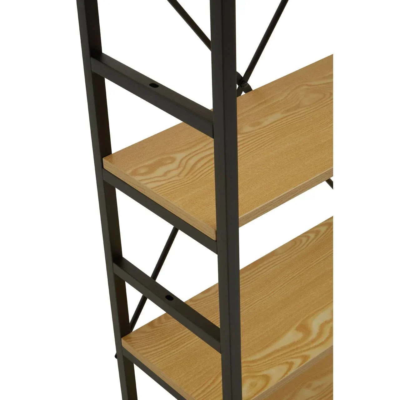 Closeup of black metal frame shelving unit with light wood shelves