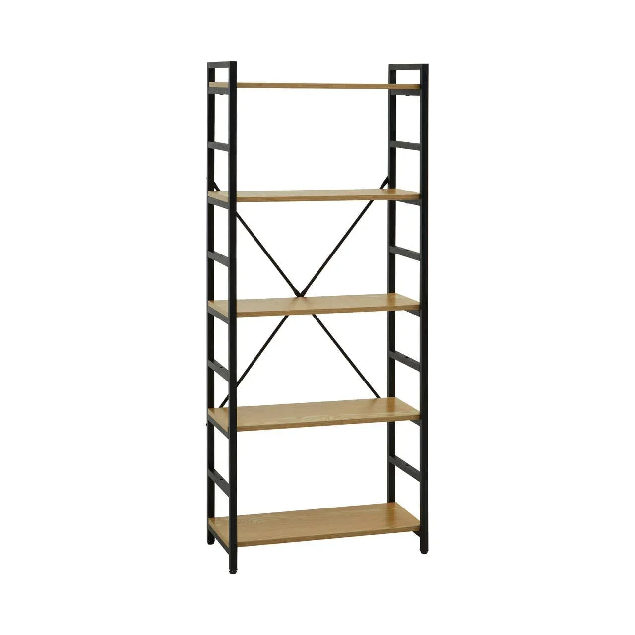 Industrial style shelving unit with black metal frame and wooden shelves, front angle view