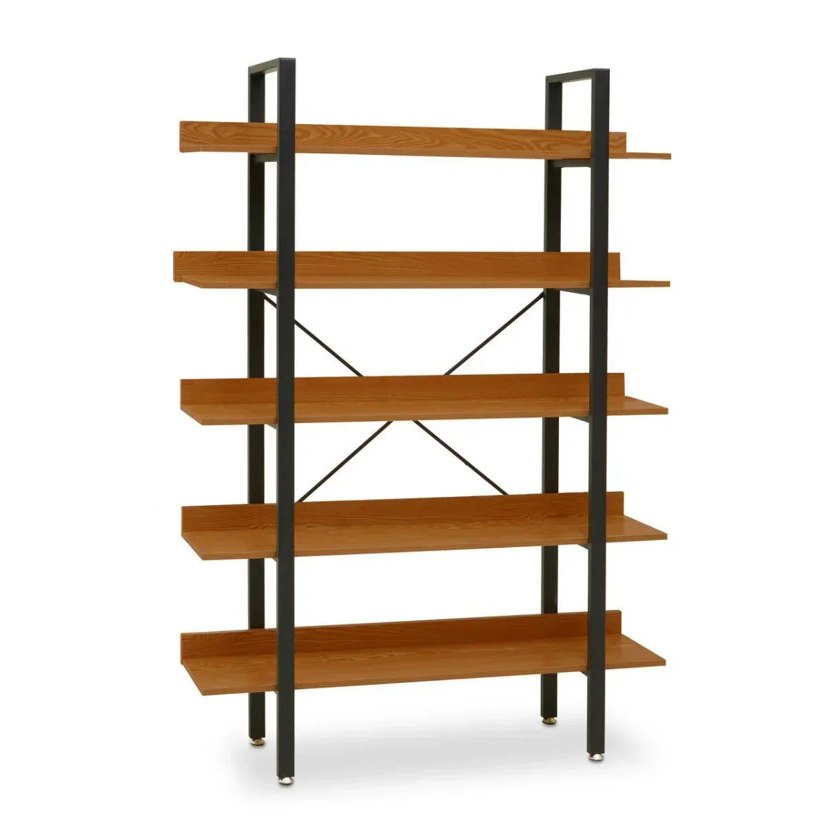 Industrial oak bookshelf with black metal frame and five shelves, front facing view