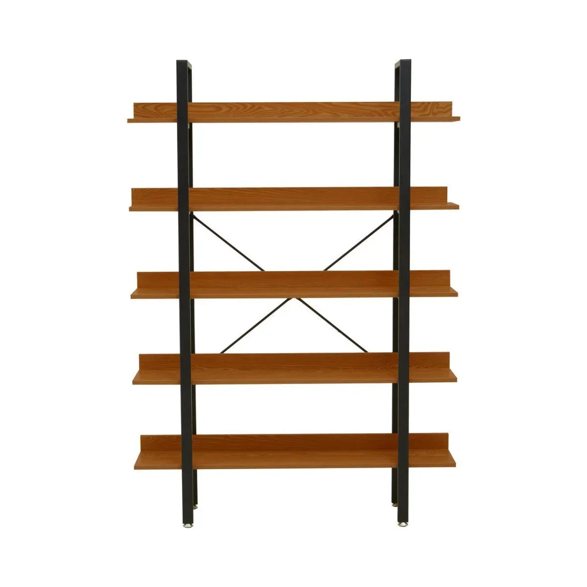 Five tier wooden shelving unit with black metal frame and cross braces, front view
