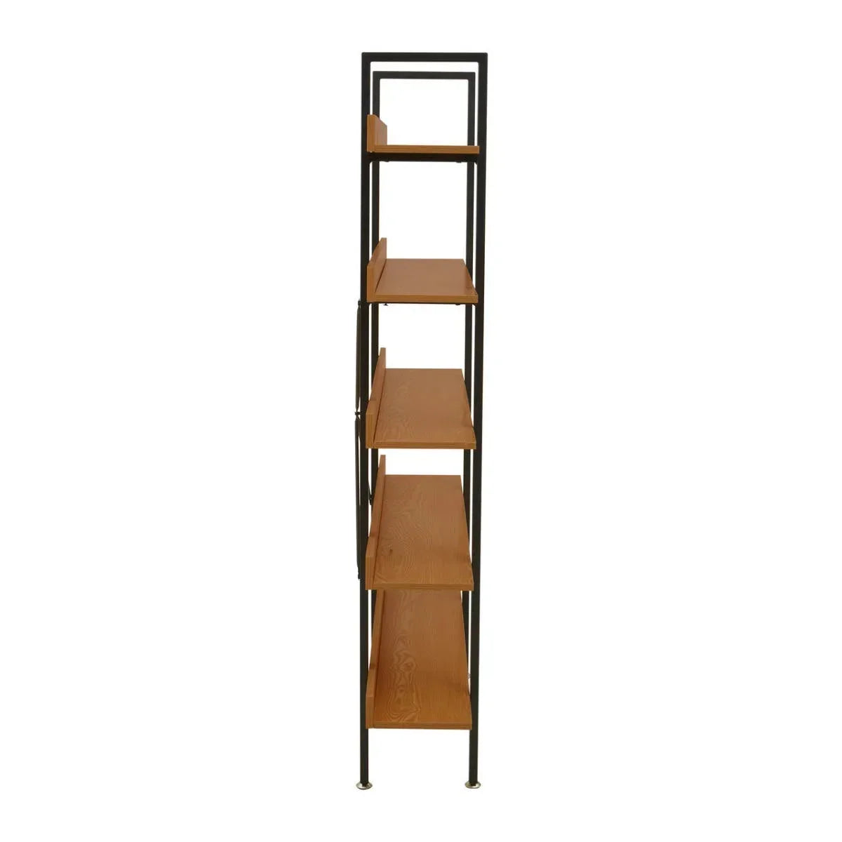 Side view of tall wooden shelving unit with black metal frame and five open shelves