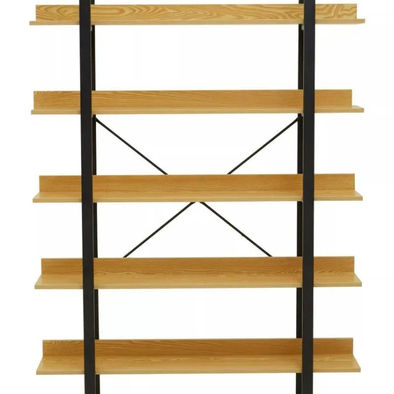 Industrial bookshelf with black metal frame and light wood shelves, front view