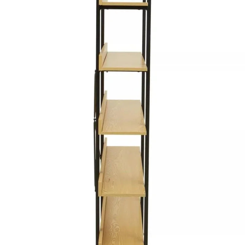 Side view of a tall wooden shelving unit with black metal frame and five shelves
