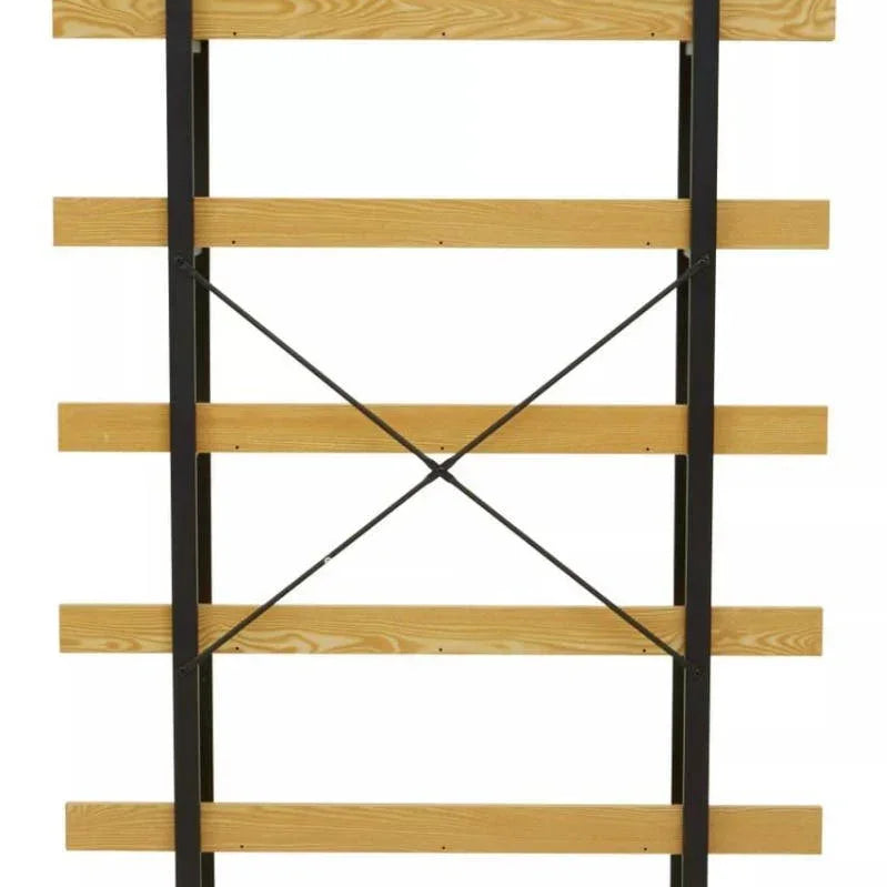Industrial bookshelf with metal frame and five light wood shelves, rear cross support