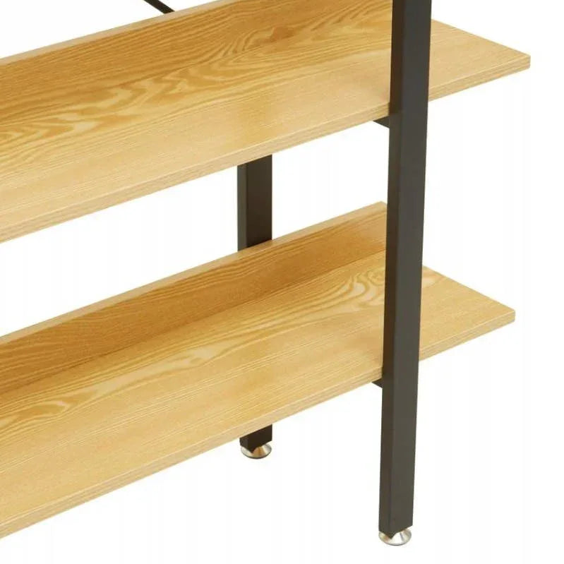 Three-tier wooden shelving unit with black metal frame and natural wood finish
