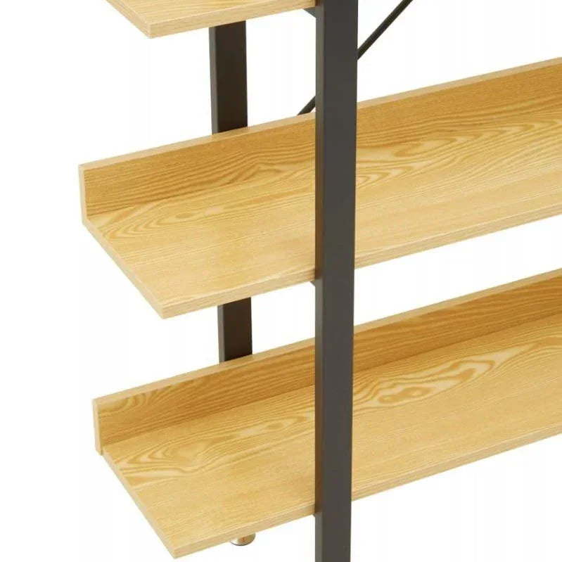 Light wood shelving unit with black metal frame, three shelves, close-up side view