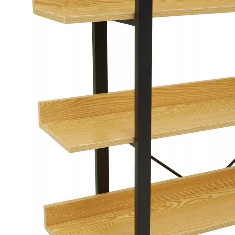 Oak effect shelves with black metal frame, close-up of modern bookcase design