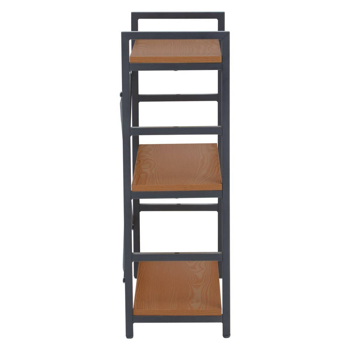 Three-tier shelf unit featuring a wood finish with a dark frame and light brown shelves. The unit has a modern design with clean lines and a compact structure, suitable for various home decor styles