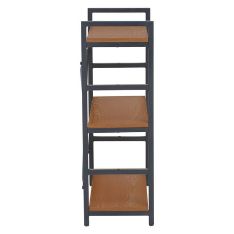 Three-tier shelf unit featuring a wood finish with a dark frame and light brown shelves. The unit has a modern design with clean lines and a compact structure, suitable for various home decor styles