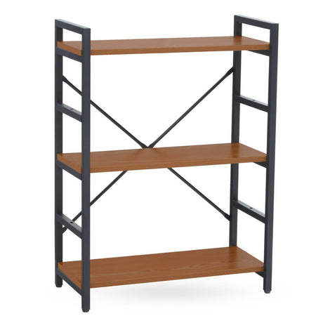 Three-tier shelf unit featuring a wood finish on the shelves and a black metal frame with cross supports for stability. The unit has an open design, allowing for easy access to items placed on the shelves