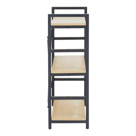 Three-tier shelf unit featuring a light oak effect on the shelves and a black metal frame. The unit has an open design with three spacious shelves for storage or display, and a handle at the top for easy maneuverability