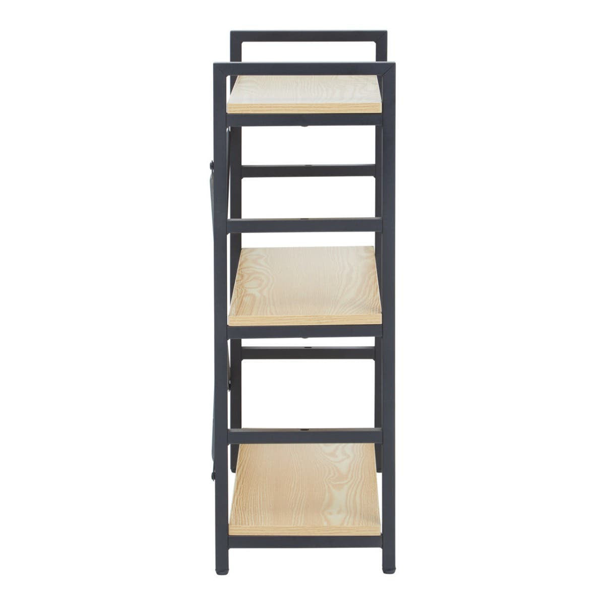 Three-tier shelf unit featuring a light oak effect on the shelves and a black metal frame. The unit has an open design with three spacious shelves for storage or display, and a handle at the top for easy maneuverability