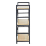 Three-tier shelf unit featuring a light oak effect on the shelves and a black metal frame. The unit has an open design with three spacious shelves for storage or display, and a handle at the top for easy maneuverability