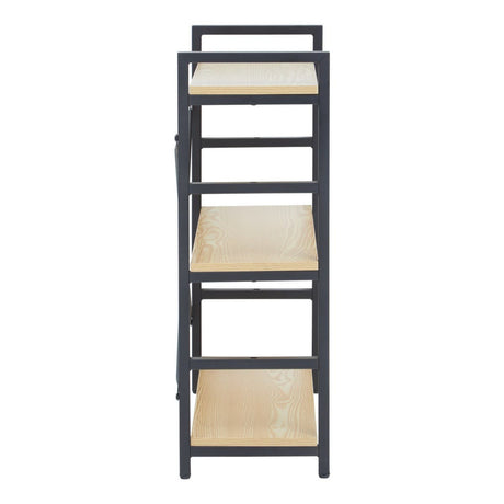 Three-tier shelf unit featuring a light oak effect on the shelves and a black metal frame. The unit has an open design with three spacious shelves for storage or display, and a handle at the top for easy maneuverability