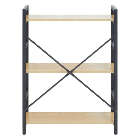 Three-tier shelf unit featuring a light oak effect finish on the shelves and a black metal frame with cross supports for stability. The design is modern and minimalist, suitable for various home decor styles