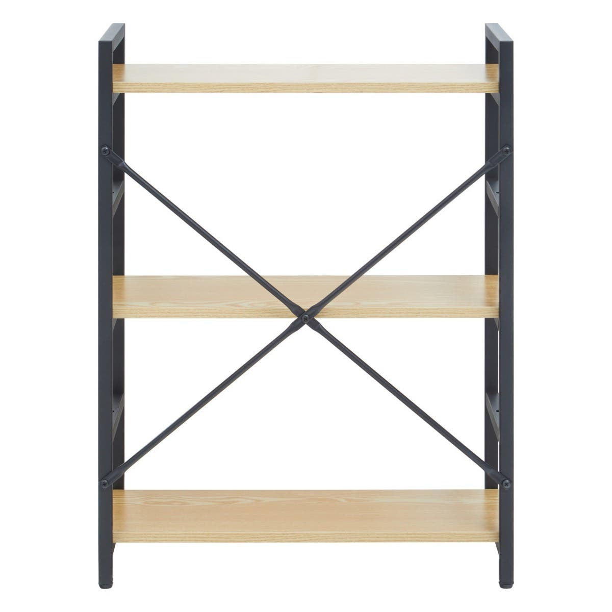Three-tier shelf unit featuring a light oak effect finish on the shelves and a black metal frame with cross supports for stability. The design is modern and minimalist, suitable for various home decor styles