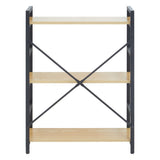 Three-tier shelf unit featuring a light oak effect finish on the shelves and a black metal frame with cross supports for stability. The design is modern and minimalist, suitable for various home decor styles