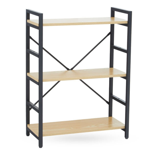 Three-tier shelf unit featuring a light oak effect finish on the shelves and a black metal frame with cross supports for stability. The design includes open shelving for easy access and display of items