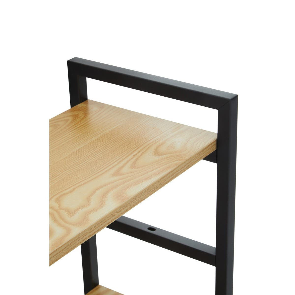 Light oak effect shelf unit with three tiers, featuring a sleek black metal frame and a minimalist design. The top shelf is visible, showcasing a smooth wooden surface and a sturdy support structure