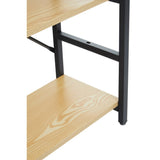 Three-tier shelf unit featuring a light oak effect finish on the shelves and a black metal frame. The design includes visible wood grain patterns and a decorative element on the lower shelf. The structure is sturdy with a modern aesthetic suitable for home decor