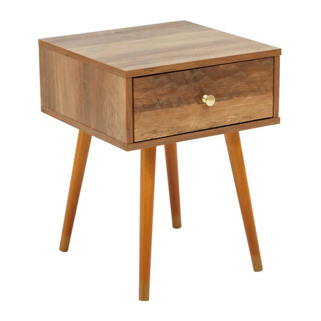 Wooden bedside table with single drawer and angled legs, front view on white background