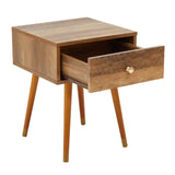 Wooden bedside table with open drawer and gold handle, mid century modern design