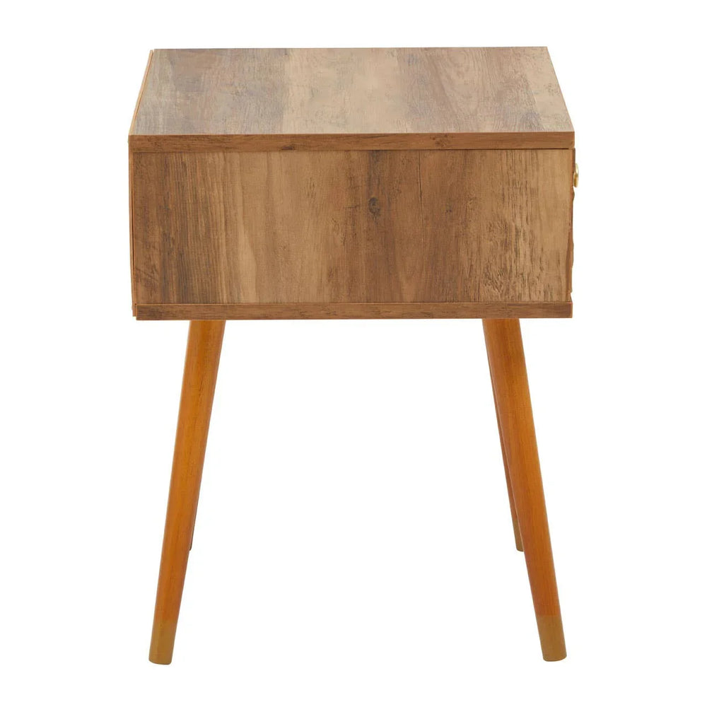 Mid century style wooden bedside table with four angled legs and natural finish