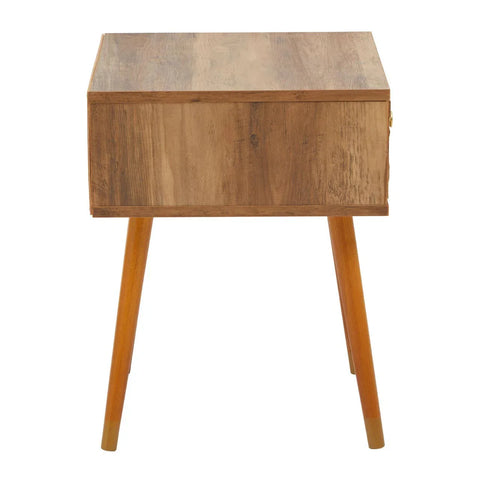 Mid century style wooden bedside table with four angled legs and natural finish