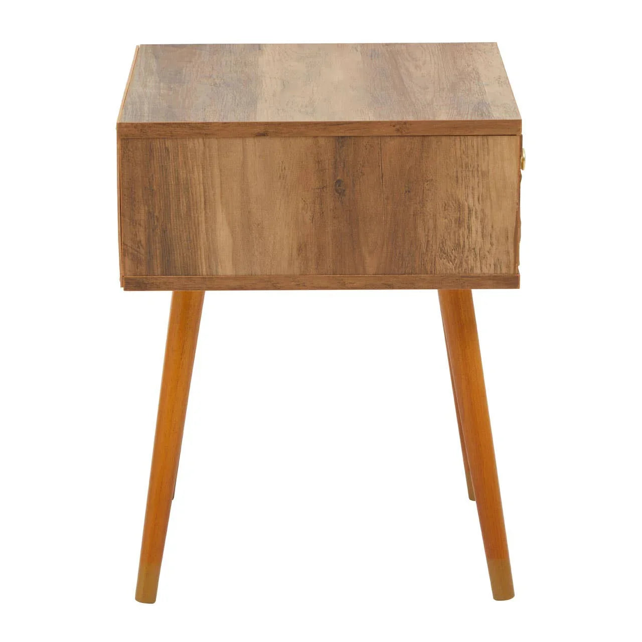 Mid century style wooden bedside table with four angled legs and natural finish