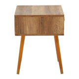 Mid century style wooden bedside table with four angled legs and natural finish